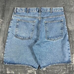 Y2K Route 66 Blue Washed Denim Shorts - size 36 waist - measurements listed